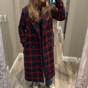 House of Harlow 1960 Red and Blue Plaid Teddy Jacket